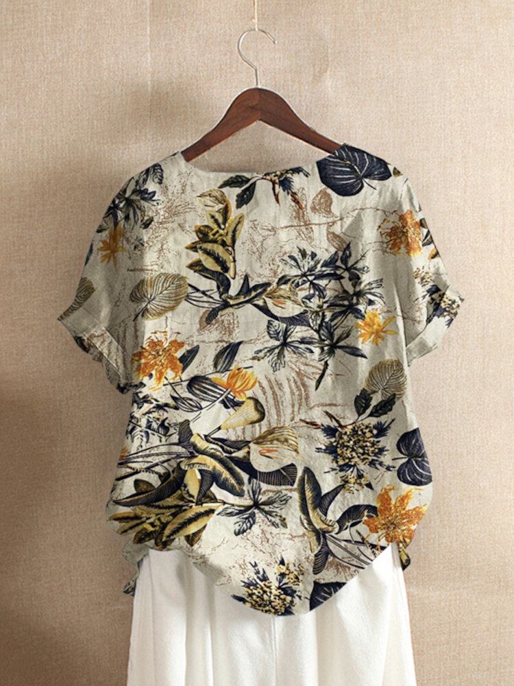 Damer 100% Bomuld O-hals Løs Blomstret Casual Bluse