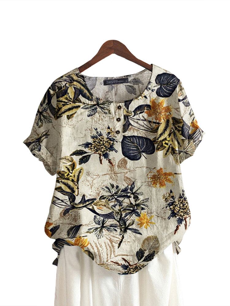 Damer 100% Bomuld O-hals Løs Blomstret Casual Bluse