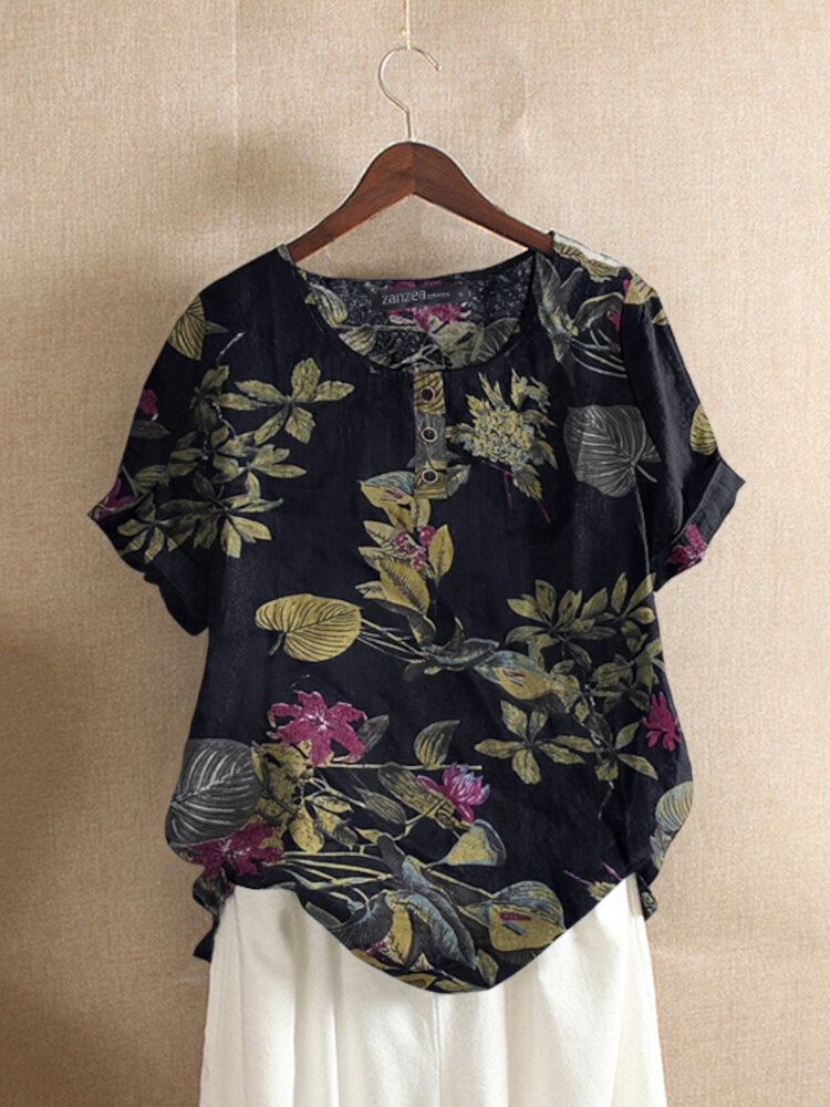 Damer 100% Bomuld O-hals Løs Blomstret Casual Bluse