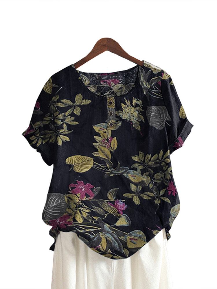 Damer 100% Bomuld O-hals Løs Blomstret Casual Bluse