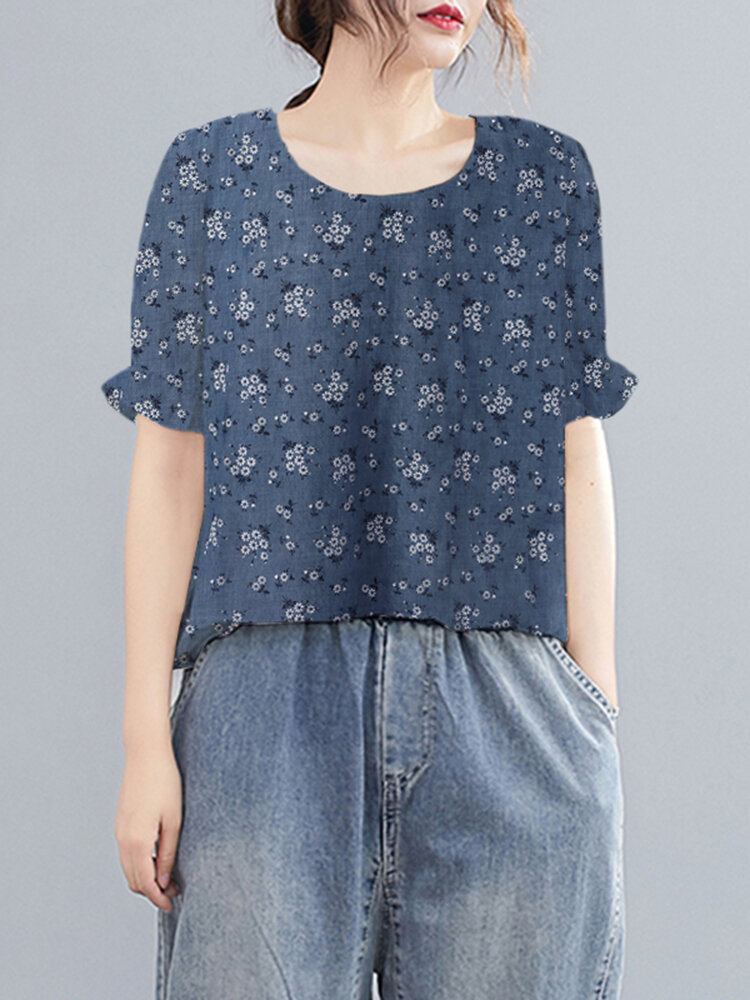 Ditsy Floral Flæse Rundhals Kortærmet Casual Bluse