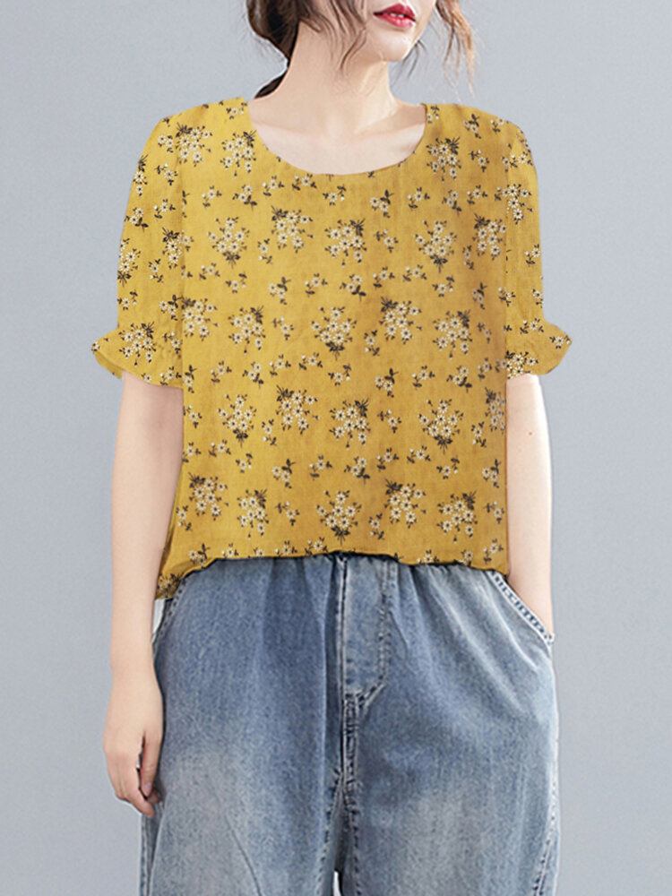 Ditsy Floral Flæse Rundhals Kortærmet Casual Bluse