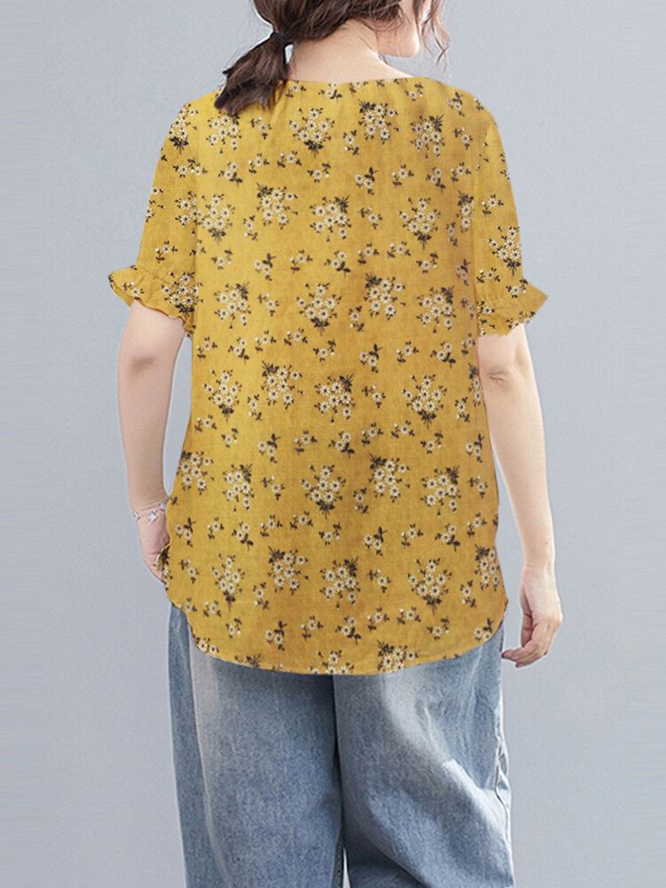 Ditsy Floral Flæse Rundhals Kortærmet Casual Bluse