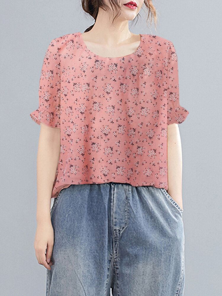 Ditsy Floral Flæse Rundhals Kortærmet Casual Bluse