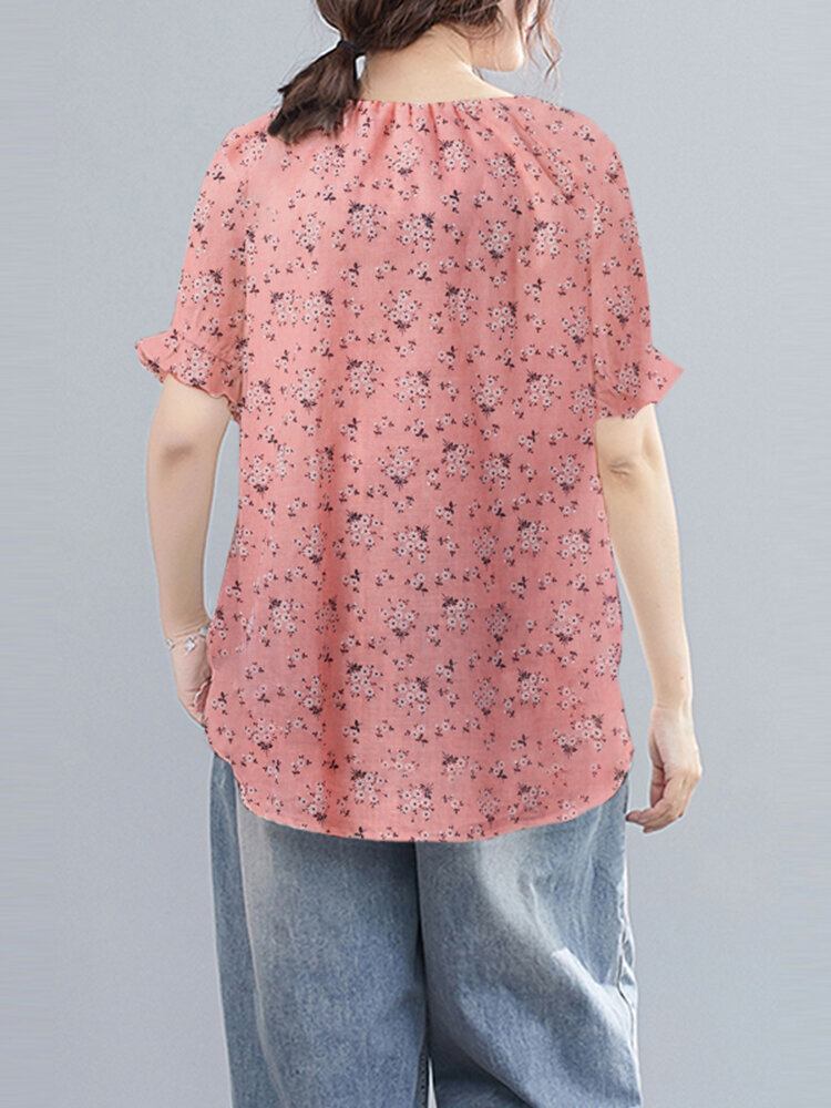 Ditsy Floral Flæse Rundhals Kortærmet Casual Bluse