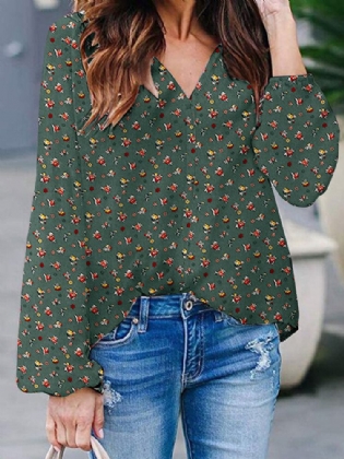 Ditsy Floral V-hals Casual Langærmet Løs Bluse