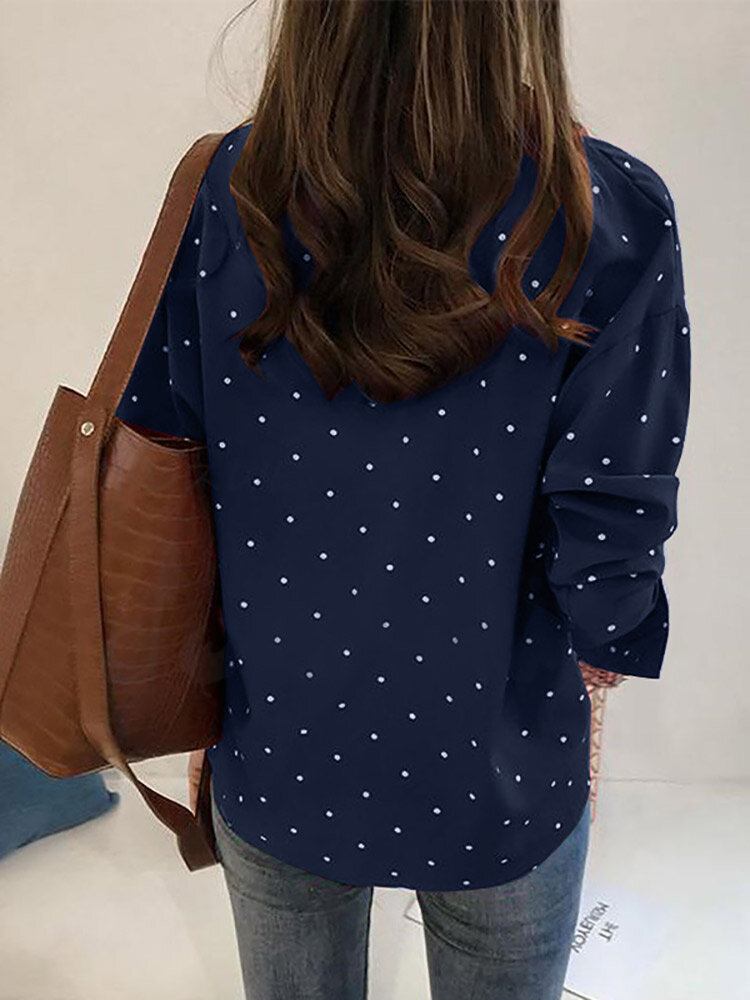 Dot Print Button Langærmet Lapel Bluse Til Damer