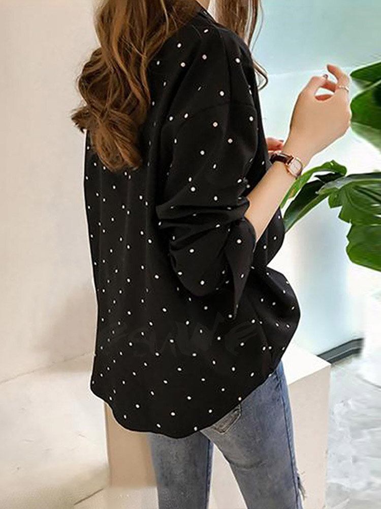 Dot Print Button Langærmet Lapel Bluse Til Damer