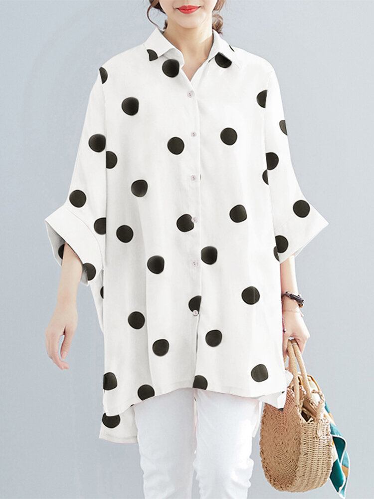 Dot Print Løs Batting Sleeve Lapel Button Down Skjorte