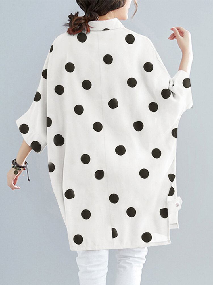 Dot Print Løs Batting Sleeve Lapel Button Down Skjorte