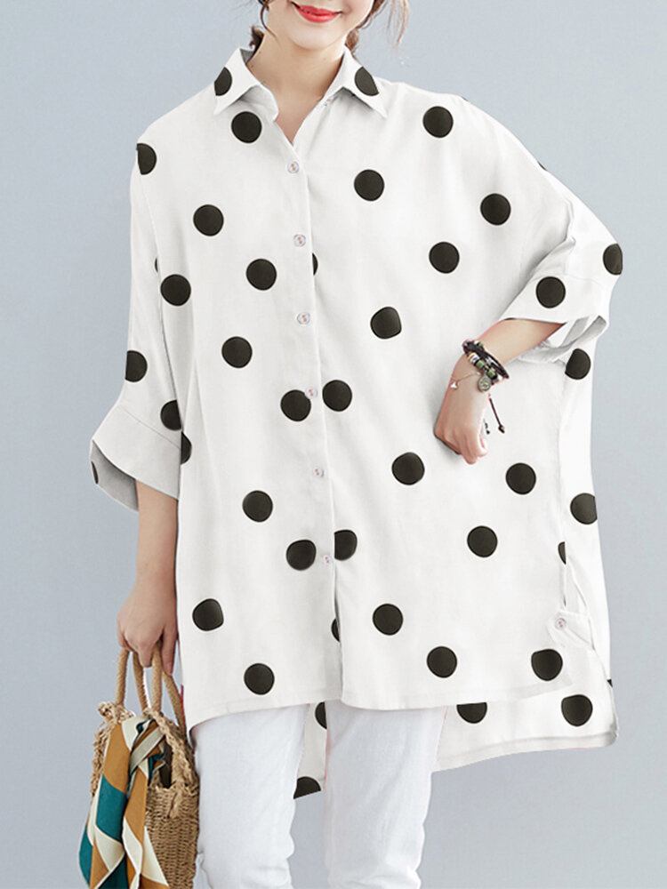 Dot Print Løs Batting Sleeve Lapel Button Down Skjorte