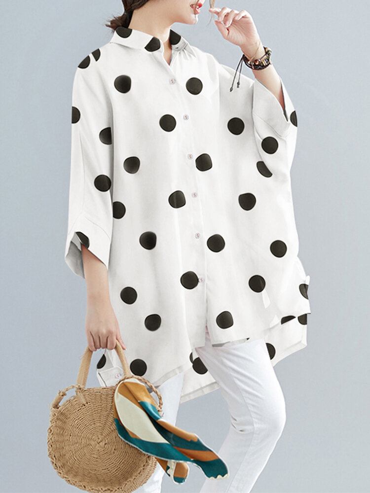 Dot Print Løs Batting Sleeve Lapel Button Down Skjorte