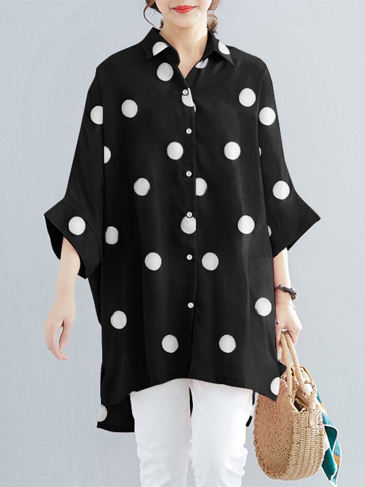 Dot Print Løs Batting Sleeve Lapel Button Down Skjorte