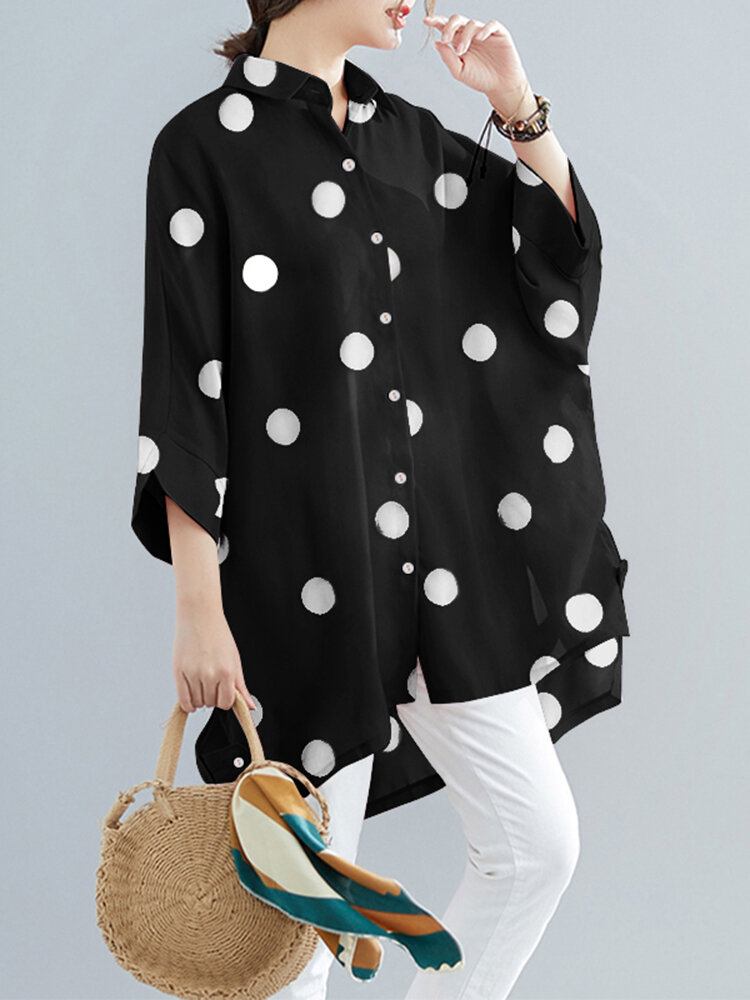 Dot Print Løs Batting Sleeve Lapel Button Down Skjorte