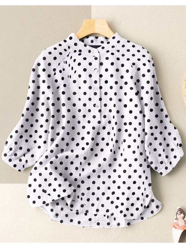 Dot Print Stand Collar Button 3/4 Ærmet Bluse Til Kvinder