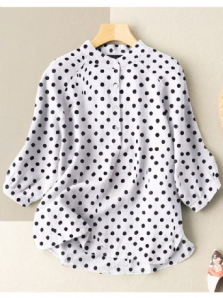 Dot Print Stand Collar Button 3/4 Ærmet Bluse Til Kvinder