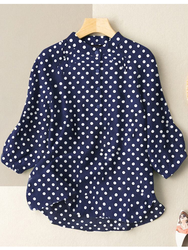 Dot Print Stand Collar Button 3/4 Ærmet Bluse Til Kvinder