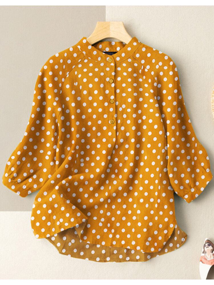 Dot Print Stand Collar Button 3/4 Ærmet Bluse Til Kvinder