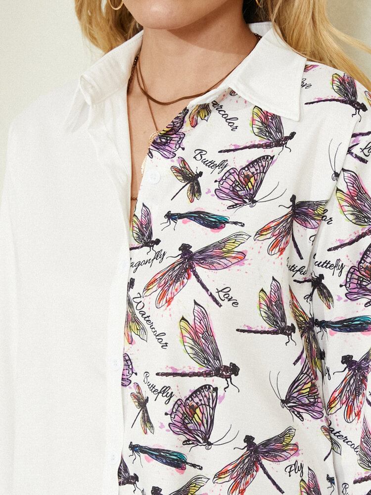 Dragonfly Print Langærmet Lapel Hvid Button Shirt Til Damer