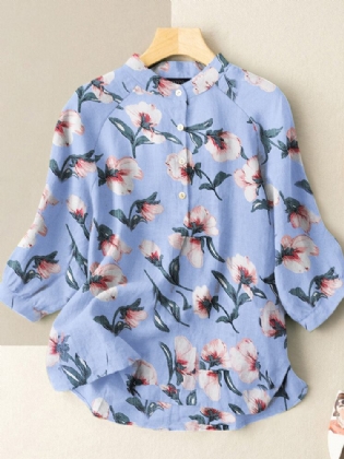 Flower Print Stand Krave Knap 3/4 Ærmet Bluse Til Kvinder