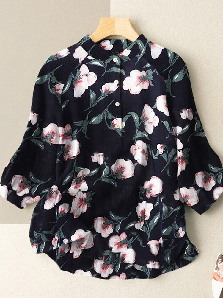 Flower Print Stand Krave Knap 3/4 Ærmet Bluse Til Kvinder