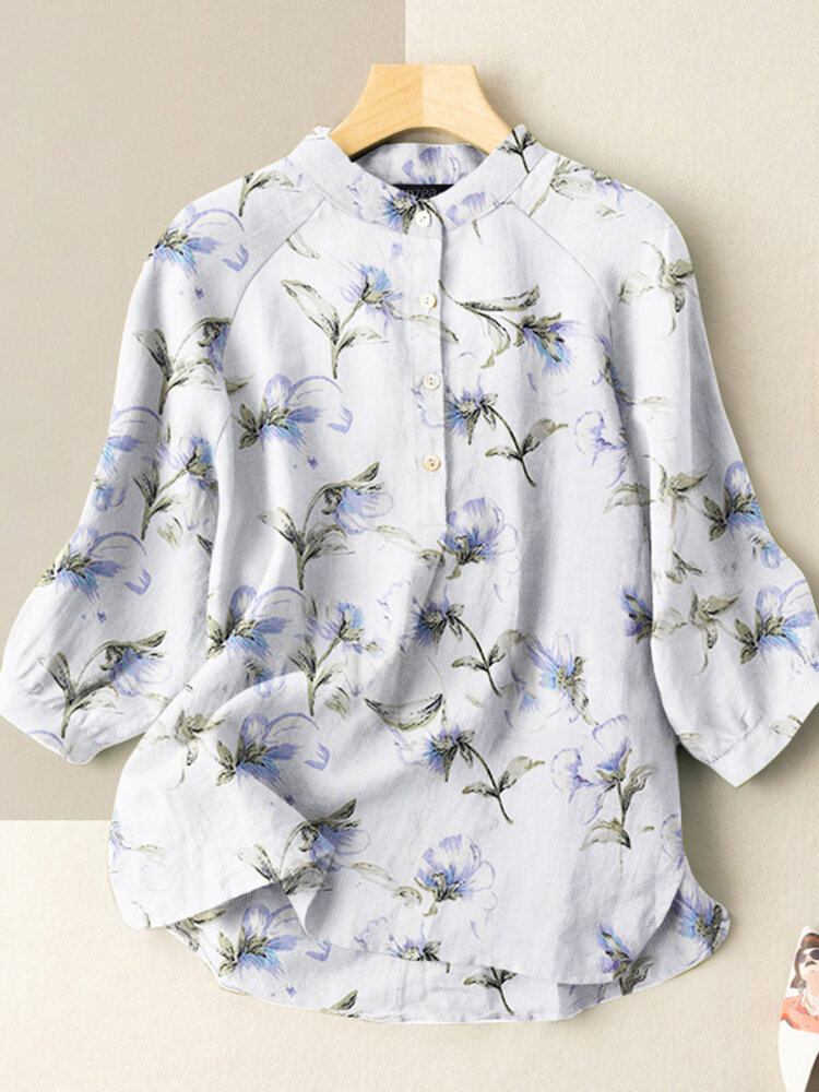 Flower Print Stand Krave Knap 3/4 Ærmet Bluse Til Kvinder