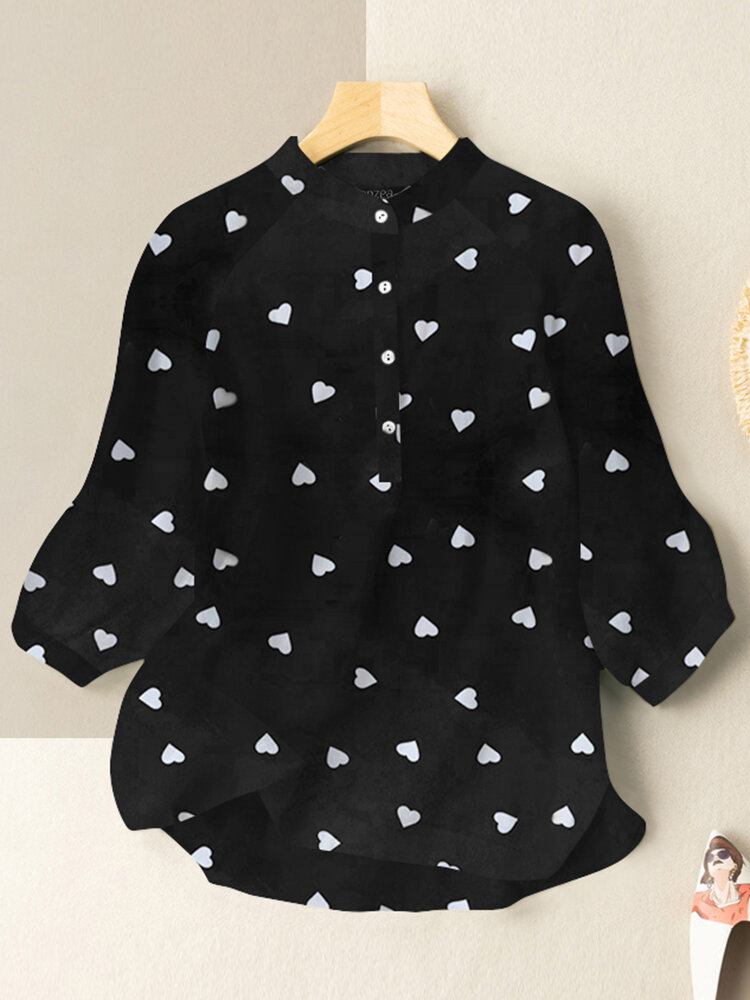 Fritid Love Print Stand Collar Button Bluse