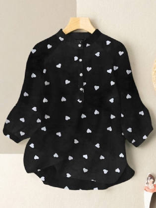 Fritid Love Print Stand Collar Button Bluse