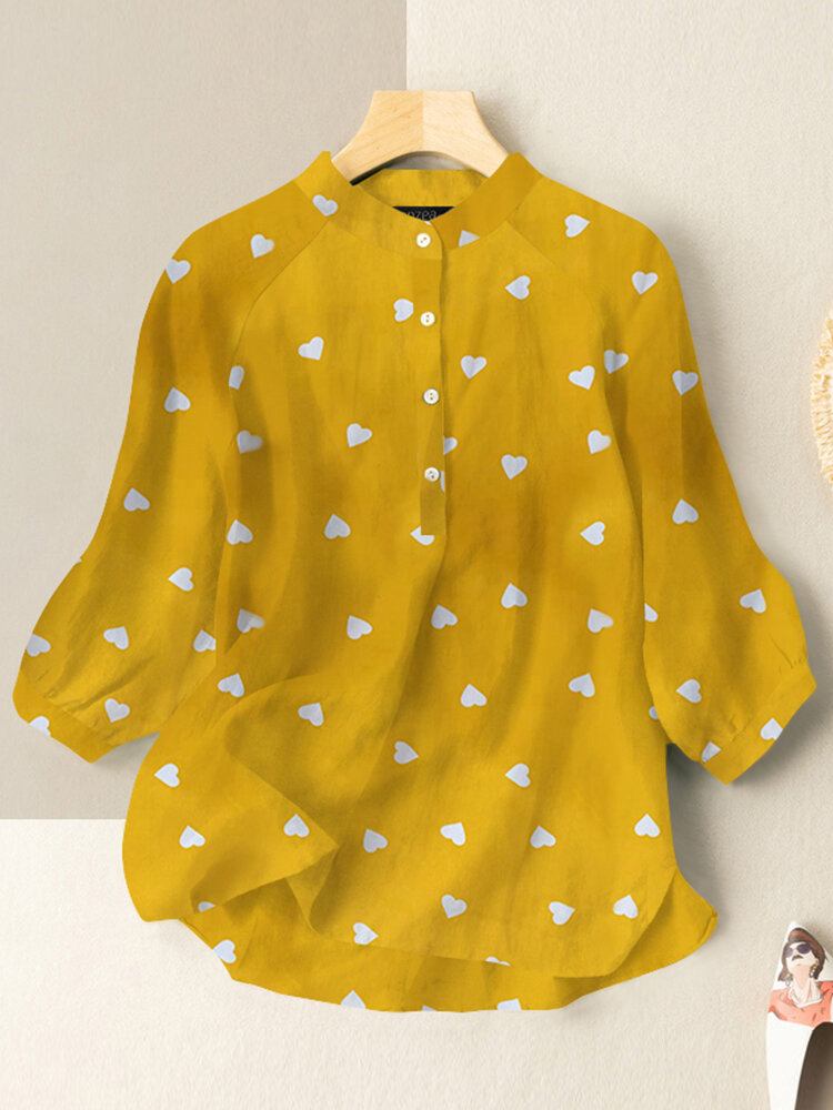 Fritid Love Print Stand Collar Button Bluse