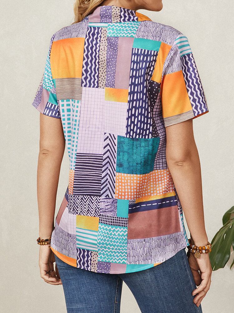 Geometrisk Print Revers Knap Kortærmet Casual Bluse Til Kvinder