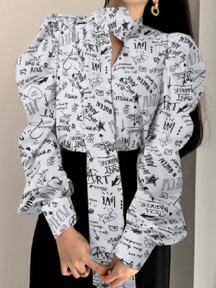 Graffiti Print Tie Neck Langærmet Bluse Til Kvinder