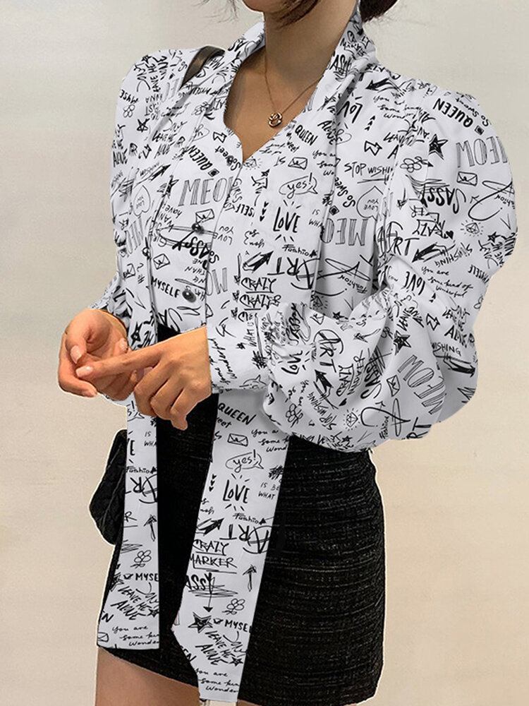 Graffiti Print Tie Neck Langærmet Bluse Til Kvinder