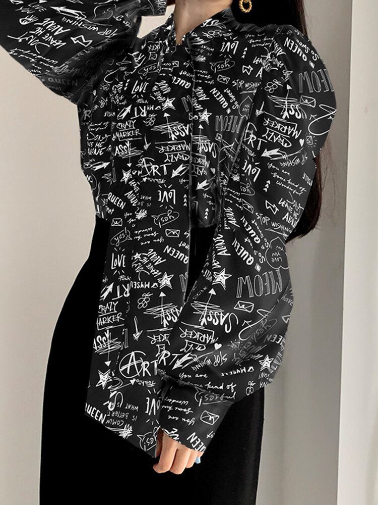 Graffiti Print Tie Neck Langærmet Bluse Til Kvinder