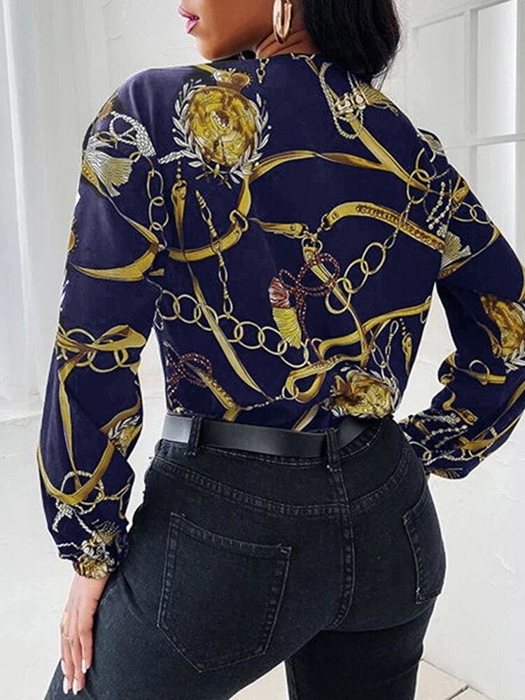 Kæde Print Cowl Neck Puff Langærmet Dame Bluse