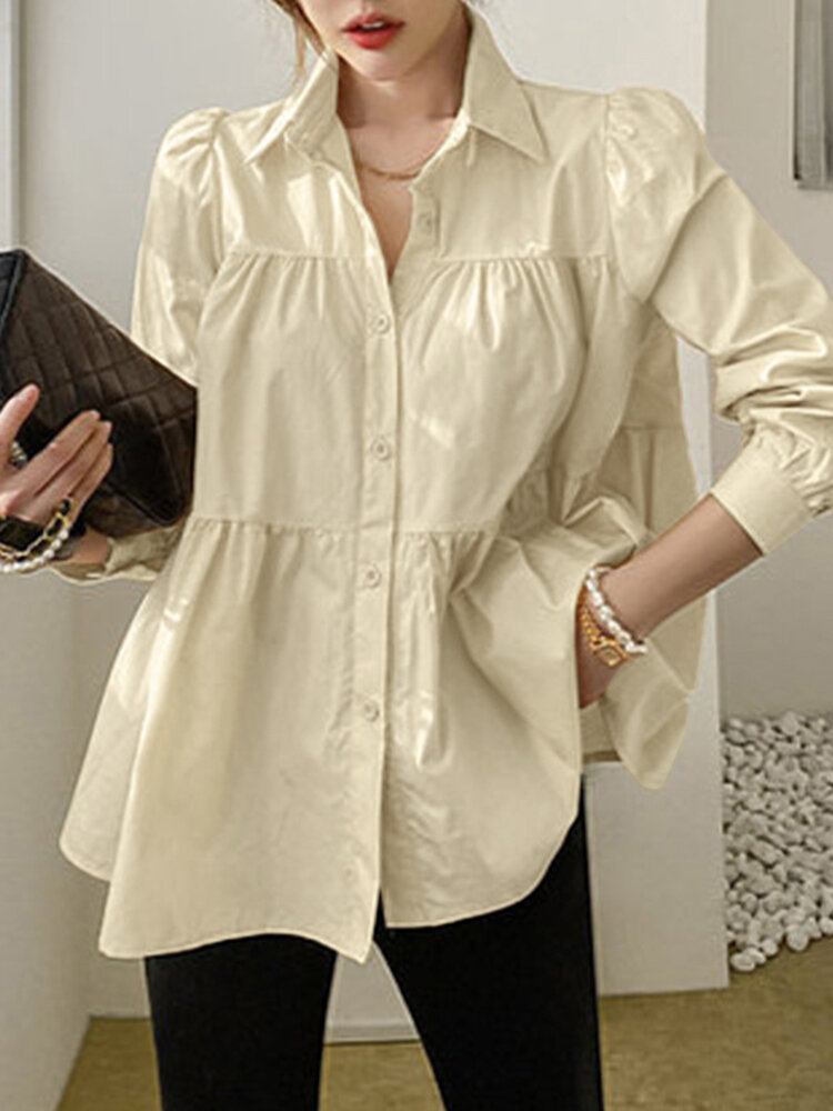 Kvinde Puff Sleeve Retro Solid Layered Bluse