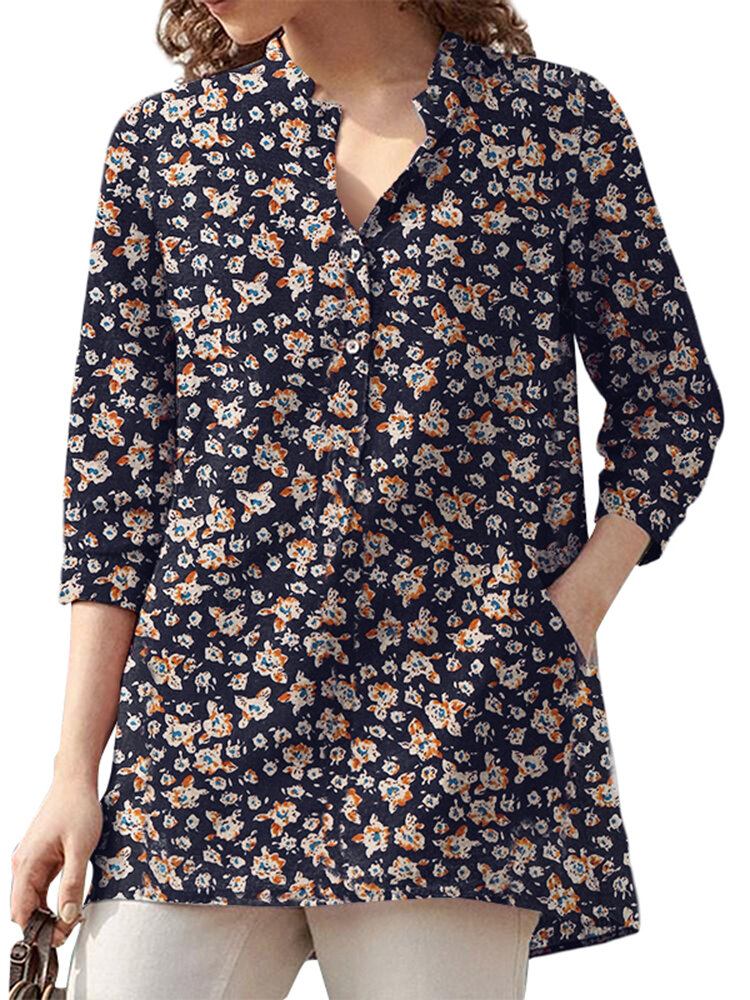 Kvinder 100% Bomuld Blomsterfritid Bohemian Retro Style V-hals Sidelommer Bluse