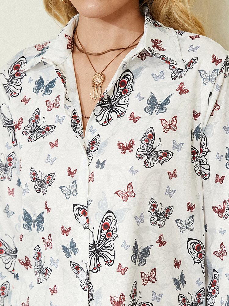 Kvinder All Over Butterfly Print Button Up Hvid Casual Skjorte