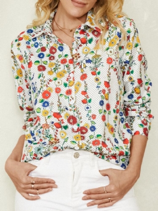 Kvinder All Over Floral Dot Print Lapel Vintage Langærmede Skjorter