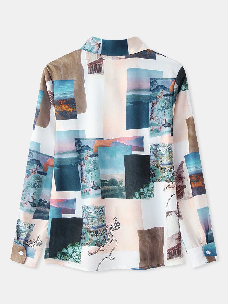 Kvinder Blok Landskab Print Langærmet Revers Casual Bluse