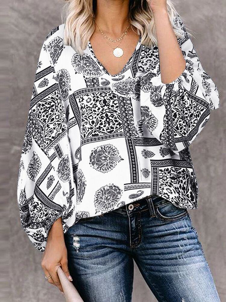 Kvinder Bohemian Retro Puff Sleeve Printing Quarter Sleeve Casual Bluser