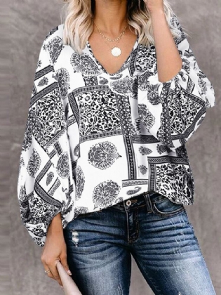 Kvinder Bohemian Retro Puff Sleeve Printing Quarter Sleeve Casual Bluser