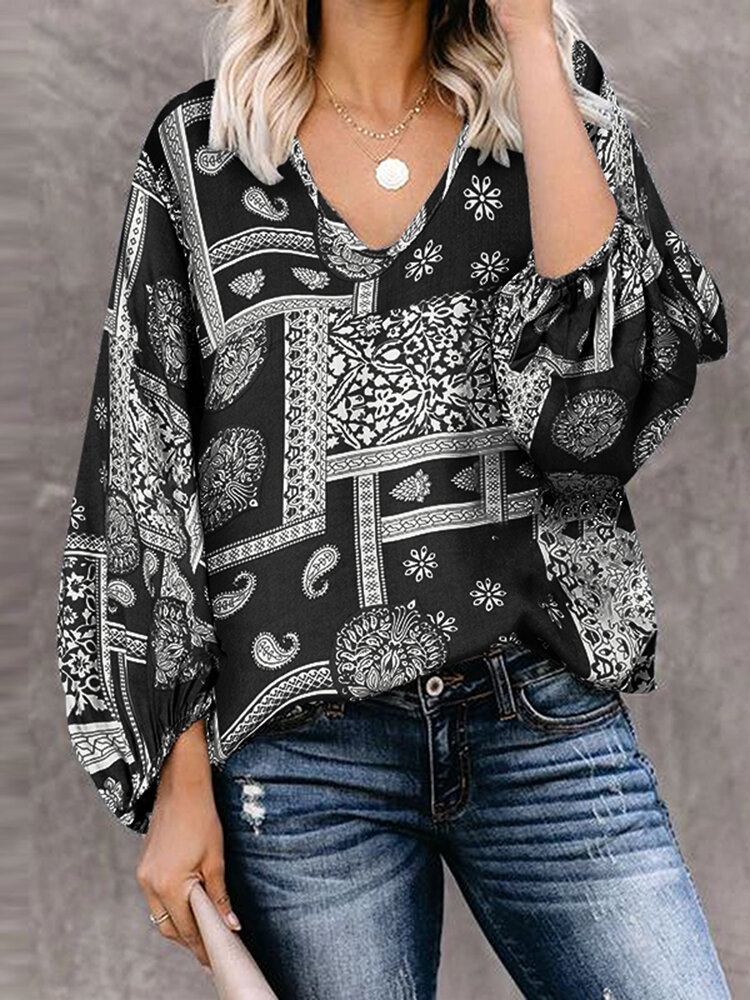 Kvinder Bohemian Retro Puff Sleeve Printing Quarter Sleeve Casual Bluser