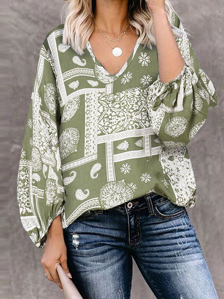 Kvinder Bohemian Retro Puff Sleeve Printing Quarter Sleeve Casual Bluser