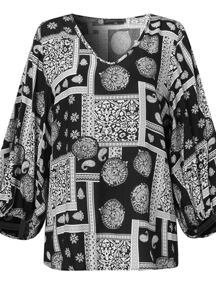 Kvinder Bohemian Retro Puff Sleeve Printing Quarter Sleeve Casual Bluser