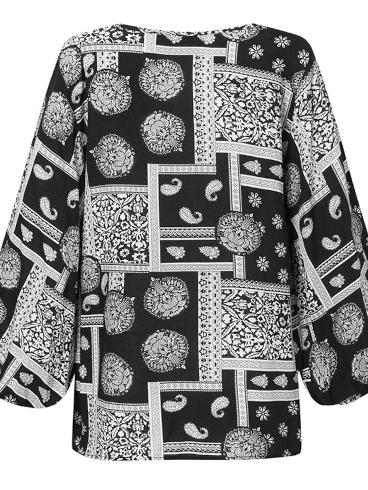 Kvinder Bohemian Retro Puff Sleeve Printing Quarter Sleeve Casual Bluser