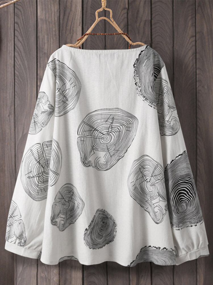 Kvinder Bomuldstræ Ring Print Rundhals Langærmet Løs Casual Bluse