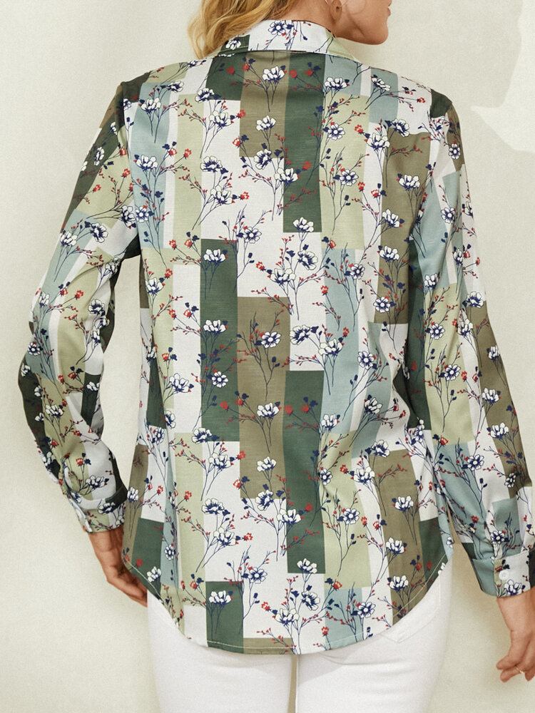 Kvinder Calico Print Blokstribet Lapel Casual Langærmede Skjorter