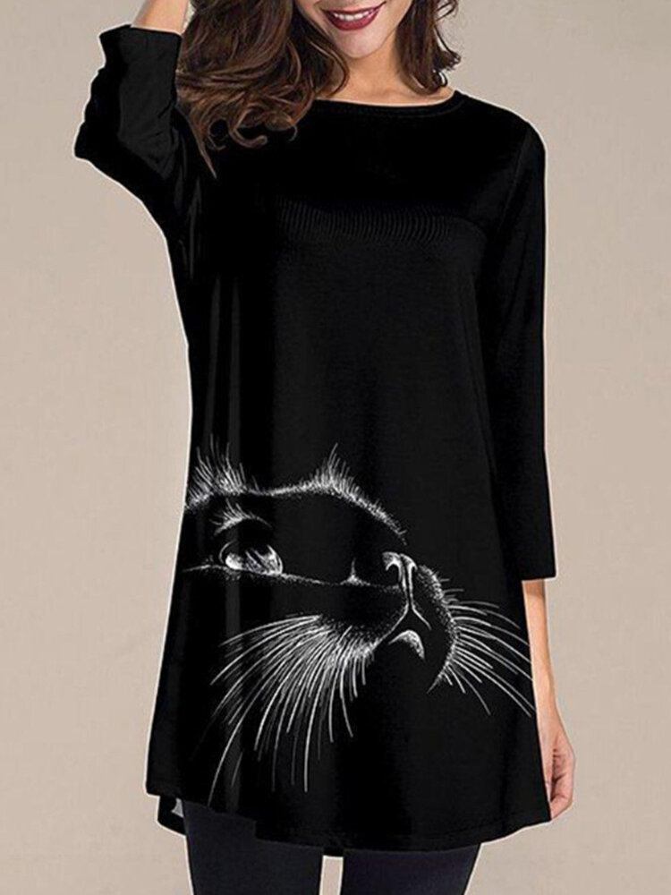 Kvinder Cat Print Rundhals 3/4 Ærmer Casual Sorte Bluser