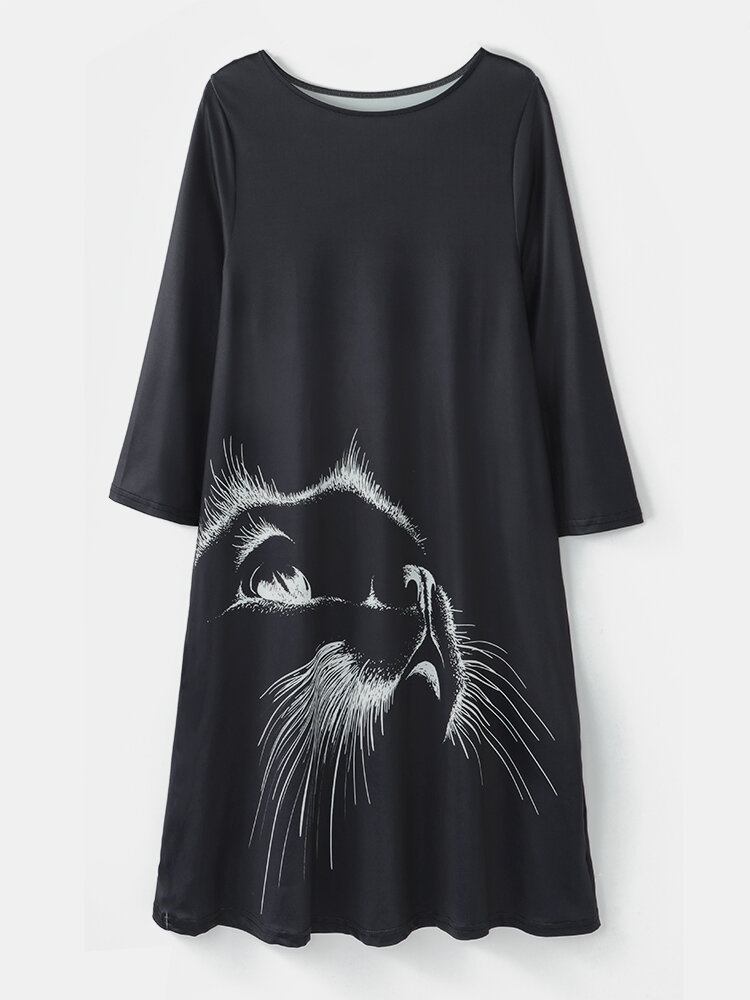 Kvinder Cat Print Rundhals 3/4 Ærmer Casual Sorte Bluser