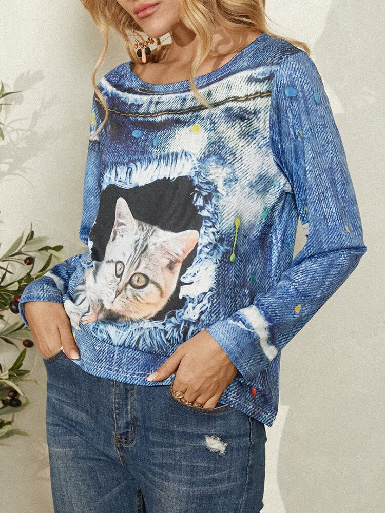 Kvinder Cat Print Rundhalset Casual Langærmede Bluser